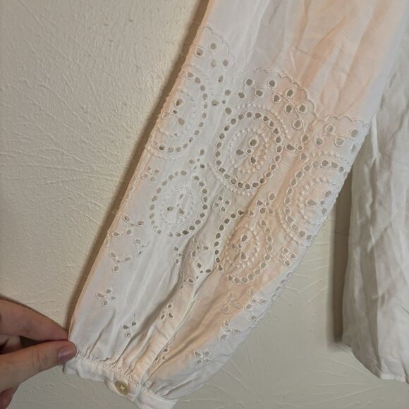 LOFT Medium Womens Embroidered Ruffle Neck Blouse White Long Sleeve - Picture 4 of 5